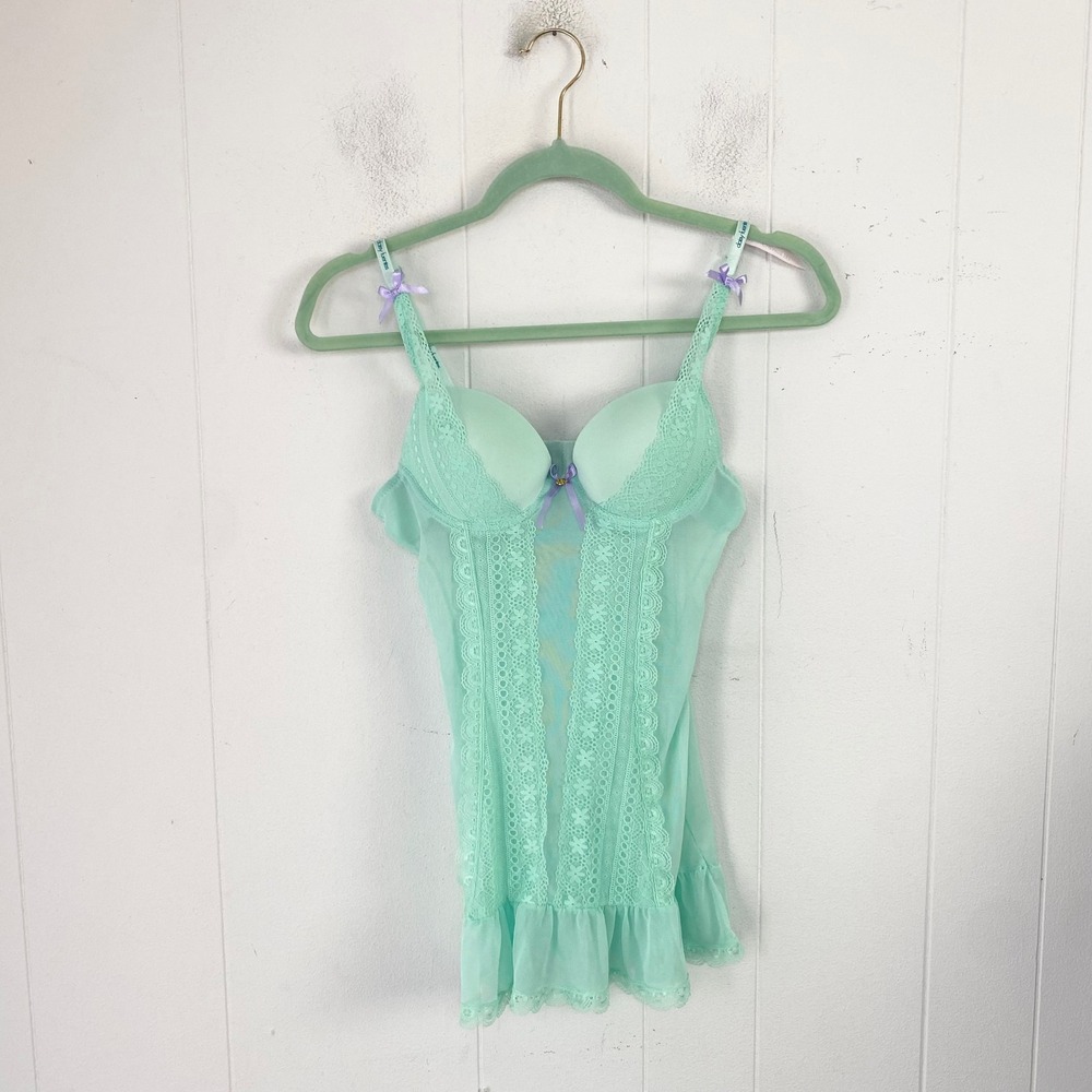 Daisy Fuentes Mint Green Lace Mesh Chemise Lingerie Purple Bows Sz Medium*